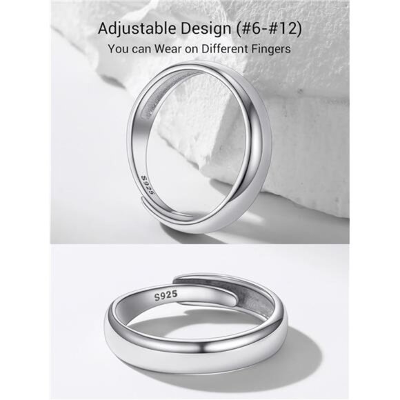 925 Sterling Silver Adjustable Open Ring for Women, Solid Sterling Silver Ring - Picture 3 of 8